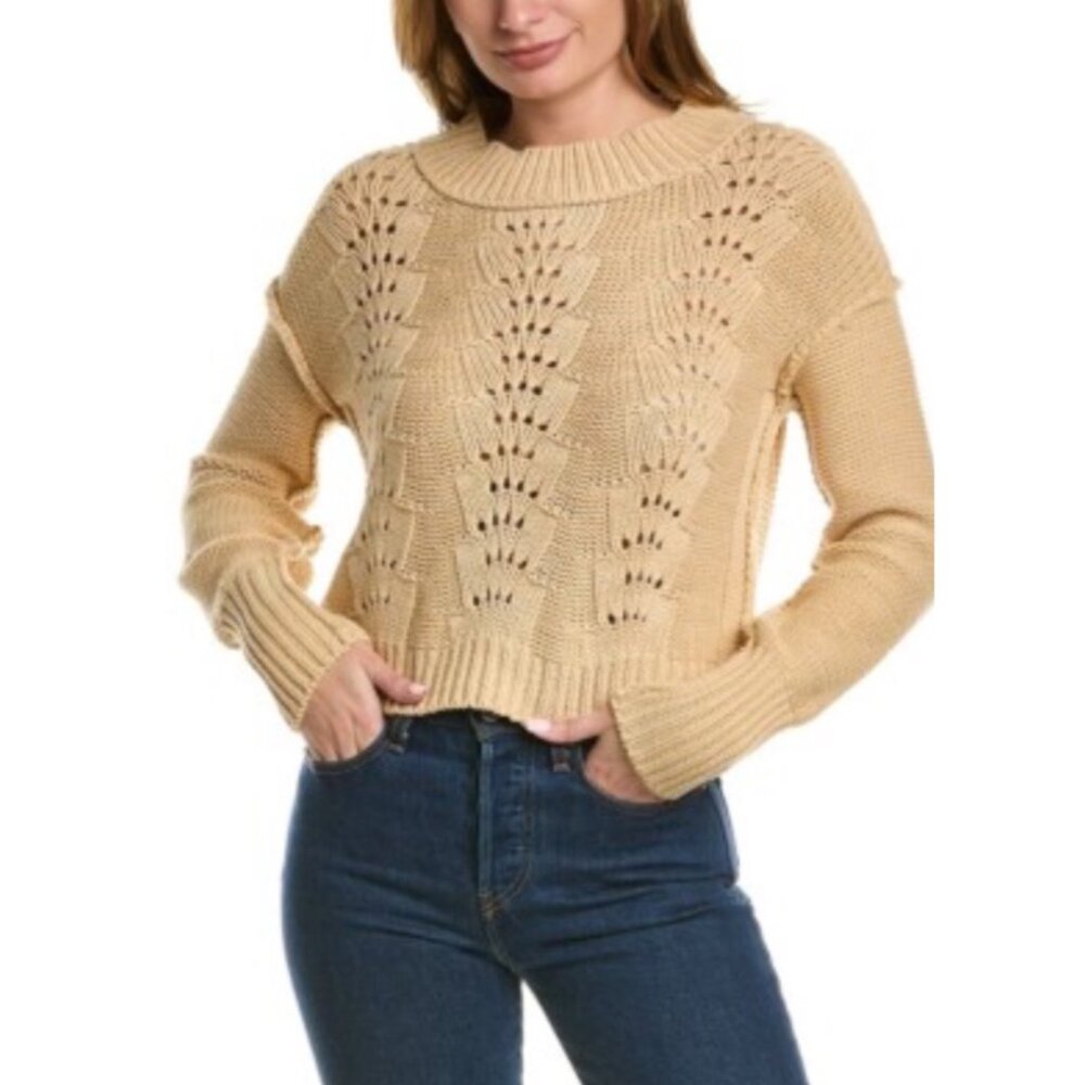 Free People Bell Song Beige Knit Pullover Sweater Women’s M Cropped Open-Stitch